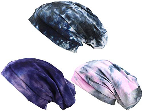Biruil Satin gefütterte Schlafmütze Slouchy Cap Beanie Slap Hut Haarabdeckung Wrap Turban Kopfbedeckung für Frauen, Batikfärbung, Schwarz, Grau, Marineblau, 3 Stück, Einheitsgröße