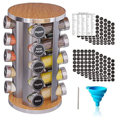 Revolving Spice Rack Set with 20 Spice Jars, Kitchen Spice Tower Organizer for Countertop or Cabinet -- Carousel Storage Includes 386 Spice Labels -- Desktop Rotating Seasoning Organizer