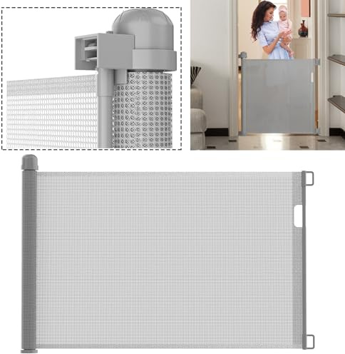 YUENFONG Treppenschutzgitter Türschutzgitter, 87 x 150 cm Treppenschutzrollo Türgitter Absperrgitter Ausziehbar Einziehbares Tür für Baby und Haustiere (0-150 cm, Grau)