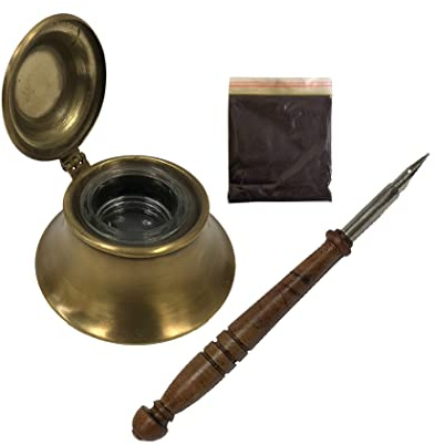 Schooner Bay Company 3 Antiqued Brass Inkwell Set with Removable Glass Bowl, Wood Nib Pen, and Black Ink Powder