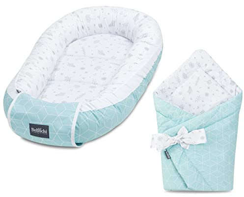 Bellochi Set 2in1 Babynest und Einschlagdecke, Baby Nestchen Set, Babynestchen - Baby Erstausstattung Babynestchen Neugeborene, Baby nestchen Junge - mädchen 100% Baumwolle - CuMint