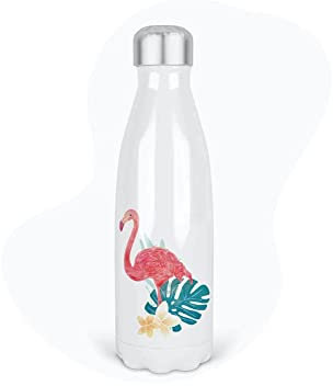 Bouteille Gourde Isotherme Acier INOX - Blanc - 350 ML - imprimé Illustration Flamant Rose - GB163 - France