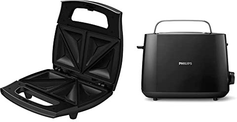 Grundig SWM2940 SWM 2940 Sandwichmaker, Schwarz-Metallic/Edelstahl & Philips Toaster – 2 Toastschlitze, 8 Stufen, Brötchenaufsatz, Auftaufunktion, Liftfunktion, Abschaltautomatik, schwarz (HD2581/90)