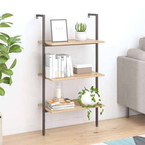 QJBSAVVA Anlehnregal, Leiterregal Schwerlastregal Blumenregal Trofast Regal Geeignet für Keller Schlafzimmer Abstellraum Balkon mit 3 Ablagen Hellbraun und Schwarz 64x35x120,5 cm