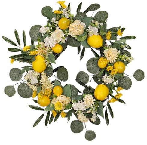 Lemon Wreath 17.7 Inch Artificial Spring Summer Wreath with Yellow White Peony Flowers and Green Leaves Spring Wreaths for Front Door Wall Window Party Decor, Summer Wreath
