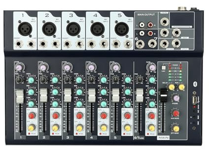 Mischpult, 7-Kanal Audio Mixer mit Bluetooth, USB Sound Verstärker Konsole Mischpult Console für Live, Aufnahme, PC, Karaoke und Spiel Stimme