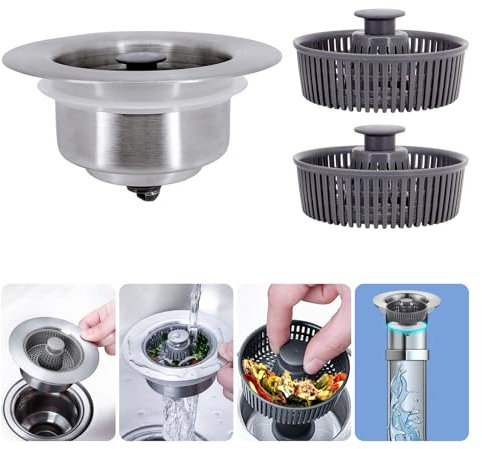 Kitchen Sink Plug with 2 Strainer Replacement, 3 In 1 Kitchen Drain Stopper Combo, Press-Type Stainless-wrap Sink Bounce Core Drain Strainer, Odor Filter Food Catcher for Kitchen 2 3/4-3 1/4