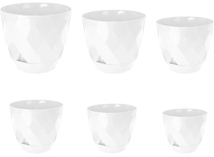 Vaso Da Fiori Piante Rotondo Con Sottobicchiere Integrato Moderno Plastica Lucida Ambiente Esterno e Interno Vaso Decorativo Riserva Acqua Rombi Con Sottovaso - Bianco - 1,3 Litri
