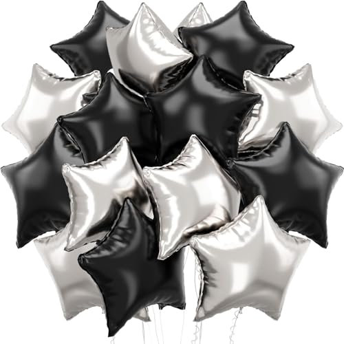 Stern Folienballons Helium, Luftballon Folie, 2 Farben (Schwarz, Silber), Partyballons, Dekoration für Geburtstags, Deko Neujahr - 25 stk