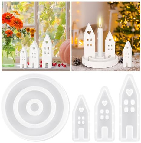4 Stück Silikonform Kerzenhalter Set, 1 Gießform Kerzenhalter und 3 Silikonform Haus, Gießformen Silikon Epoxidharz Formen Haus Silikonformen für Sojawachs Kerzen,Seife,Handwerk
