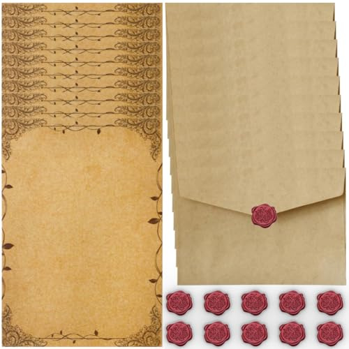 Vintage Briefpapier mit Umschlag Set, Briefpapier Set mit 10 Vintage Papier Umschläge, 16 Vintage A5 Briefpapier und 10 Wachs Siegel Aufkleber, Briefpapier Edel für Hochzeit Einladungskarten (Style B)