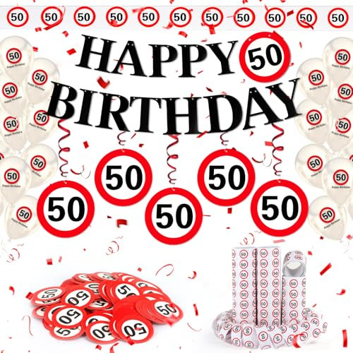 WenmthG 50 Geburtstag Deko Männer Frauen, 50. Geburtstag Deko mit Girlande, Luftballons, Luftschlangen, Banner, Konfetti - Verkehrsschild zum 50 Jahre, Verkehrszeichen 50. Geburtstagsdeko