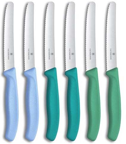 Victorinox Swiss Classic, cuchillo de desayuno, set de cuchillos para pan, 6 piezas, hoja afilada, borde dentado, 11 cm, acero inoxidable, colorido
