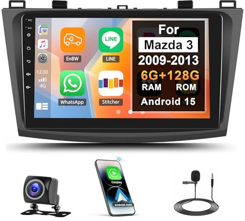 8 Core 6G+128G GOHHDL Android 15 Autoradio für Mazda 3 2009-2013 mit Wireless Carplay Android Auto, 9 Zoll Radio 2Din Bildschirm mit GPS Navi WiFi Bluetooth FM/RDS Radio SWC + Rückfahrkamera + MIC