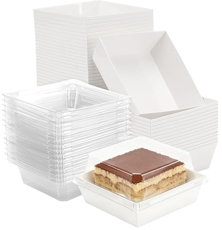 JEUIHAU 100 PCS Paper Charcuterie Boxes with Clear Lids, 11CM Square Cake Slice Box for Portions, Small Dessert Box Food Containers for Cake, Bakery, Sandwich, Cookies(White)