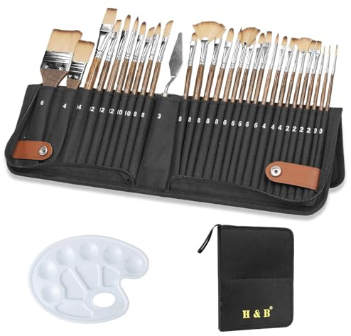 H&B 30pcs Professional Paint Brushes Set with Stand Case for Acrylic & Oil | Flexible Nylon & Birch Wood, Metal Ferrule, Stand-Up Case, Ideal for Acrylic/Oil/Watercolor for Professional Artists