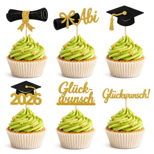 24 Pcs 2026 Graduation Cupcake, Abschluss Tortendeko Schwarz Gold, Bachelor Hut Deko, Congratulations Tortendeko für Abschluss, Prüfung Bestanden, Abschlussfeierzubehör