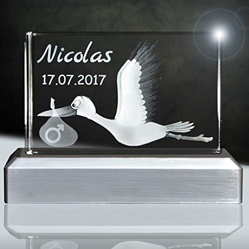 Personalisierter Storch zur Geburt 3D in Glas inkl. Leuchtsockel