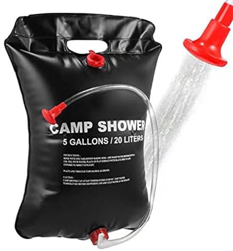 VABNEER Bolsa de Ducha de Camping Bolsa de Ducha Solar de 20L con Manguera extraíble y Cabezal de Ducha conmutable de Encendido y Apagado y Bolsa de cordón de Malla Negra (Negro, 20L)