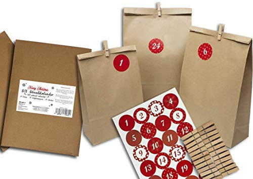 Trendario Adventskalender zum Befüllen, Diy Adventkalender 24 Papiertüten, Zahlenaufkleber und Klammern - Kalender zum selber basteln mit Zahlen Sticker - Geschenkideen Kinder, Frauen & Männer