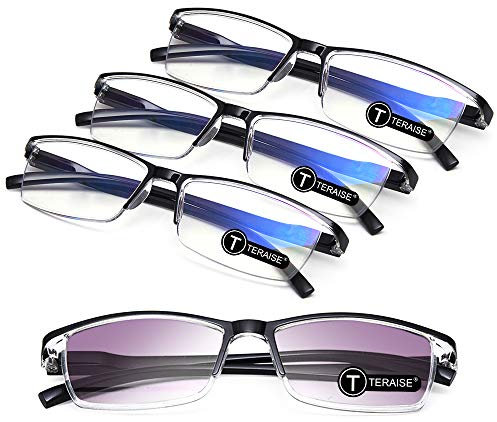 TERAISE 4-Stücke Lesebrille Herren - Anti Blaue, Leichte, Mode Komfortable UV Lesehilfe Mit Blaulichtfilter - Robuste Lesesonnenbrille, Inklusive Federscharnier (1.0X)