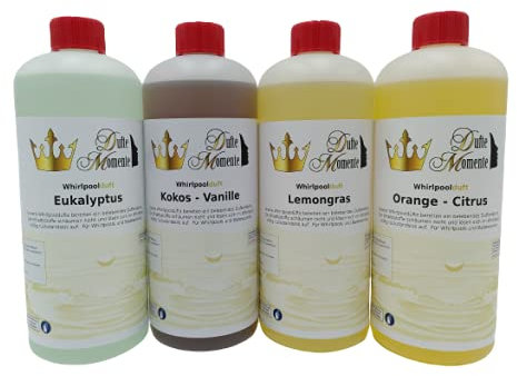 Dufte Momente | Whirlpool Duft 4 x 1 Liter - Eukalyptus, Kokos - Vanille, Lemongras, Orange - Citrus | Badezusatz mit naturreinen und natürlichen ätherischen Ölen | gebrauchsfertig | vegan