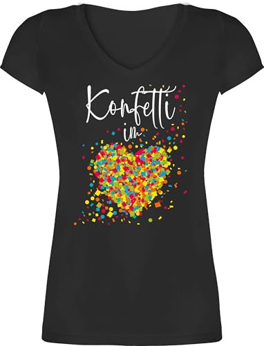 T-Shirt Damen V Ausschnitt - Karneval & Fasching - Konfetti im Herzen I - XS - Schwarz - faschingsshirt karnevalsshirts Faschings köln Shirts Faschings-t-Shirt karnevalsshirt Karnevals Herz Shirt