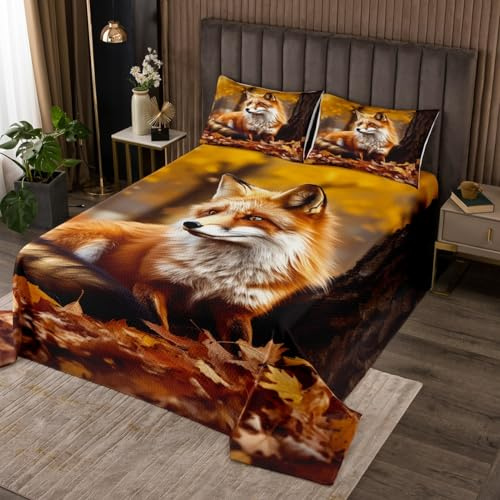 Homemissing Karikatur Fuchs Bettüberwurf Niedlich Orange Fuchs Tagesdecke 240x260cm für Jungen 3D Wild Tier Steppdecke Herbst Blatt Design Wohndecke 3St