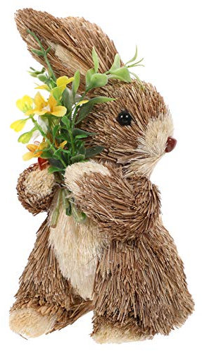NUOBESTY Easter Straw Rabbit Figurine Standing Hand Woven Straw Bunny Statue Easter Animal Figurine Spring Easter Garden Home Decoration