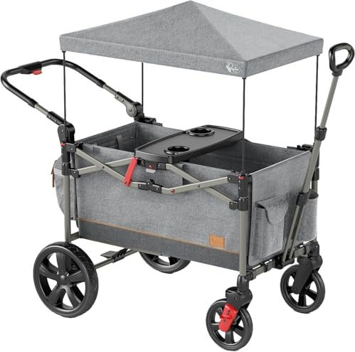 Busy Bee Faltbarer Wagon Kinderwagen für 2 Kinder, Push Pull Zusammenklappbarer Kinderwagen mit verstellbarem Lenker, abnehmbares Baldachin, 5-Punkt-Gurt, stoßdämpfende Räder, Grau
