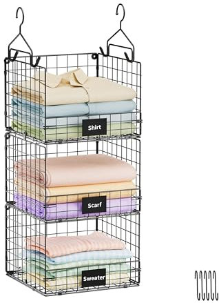 Faltbarer Schrank-Organizer mit 3 Ebenen, mit Namensschild, Kleider-Hängeregale mit 5 S-Haken, Wandhalterung und Schrank-Draht-Aufbewahrungskorb, für Kleidung, Pullover, Handtaschen, Clutches Zubehör