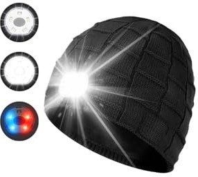 INHDBOX LED Mütze Kappe, Strickmütze mit USB Nachladbare Licht, Beleuchtung und blinkende Warnungs-Arten 8 LED, einfache Installation Vorne Hinten Scheinwerfer-Mütze, Unisex-Winterwärmer-Strickkappe