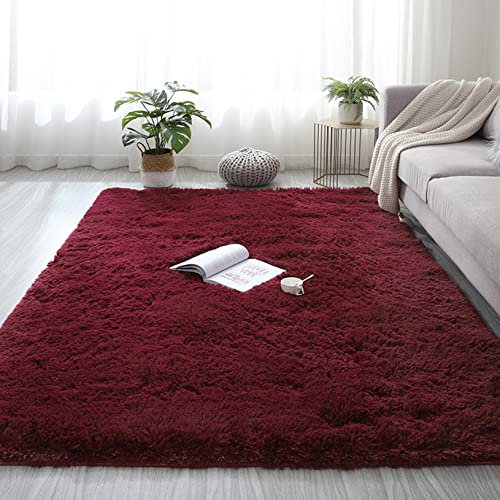 ERPENG Carpet 60x120cm Anti-Rutsch Unterseite Hochflor Teppich Naturprodukt für Wohnzimmer, Schlafzimmer, Kinderzimmer, Dunkelrot
