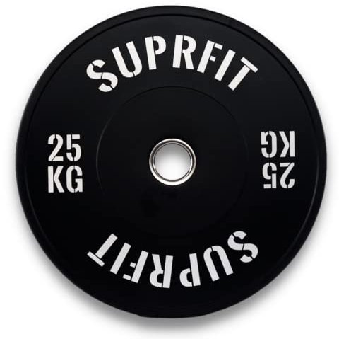 SUPRFIT Gummierte Fitness Bumper Plates 50mm Gewichtsscheiben aus Vollgummigranulat - Gewicht: 25 kg, Stoßabsorbierende Hantelscheiben 50mm fürs Hanteltraining, Gewichtscheiben - Farbe: Schwarz/Weiß