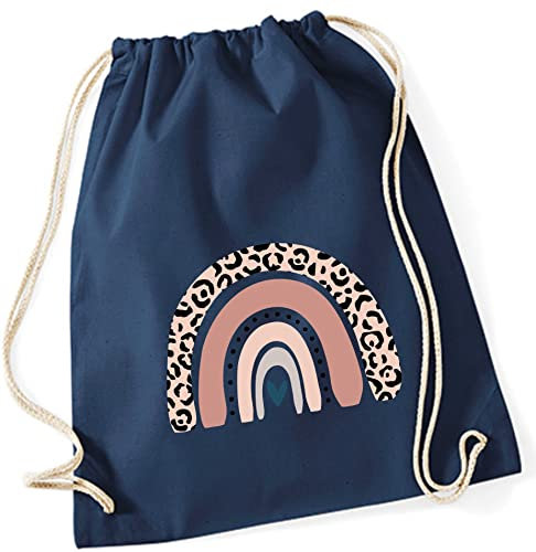 minimutz Turnbeutel für Kinder Baumwolle mit Regenbogen in Rosé | Motiv LEO-Print für Mädchen | Stoffbeutel Rucksack zum Zuziehen mit Kordel (dunkelblau)