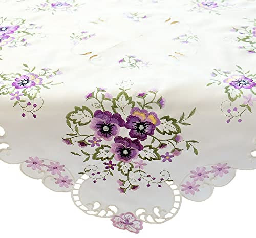 matches21 HOME & HOBBY Tischdecke Elke 85 x 85 cm edle Stickerei mit lila Stiefmütterchen & Cutwork aus Polyester