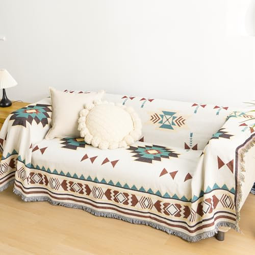 VANJOROY Aztec Navajo Bohemian Sofa Große Überwurfdecke mit Quasten, 100% handgewebte Baumwolle, indischer Sessel, Tribal Ethno-Überwurf für Couch, Sofa und Bett, 130 x 180 cm