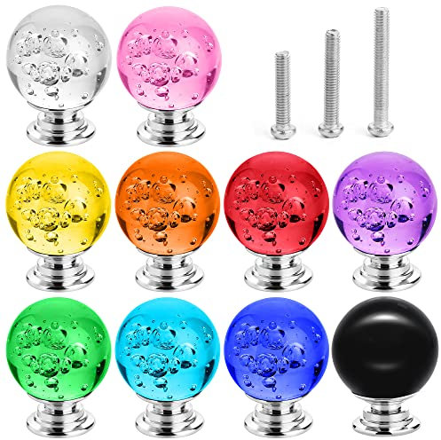 IEIK 10 Stück bunte Schrankknäufe, runde Glasblasenknöpfe, 30 mm, glatter Schubladengriff für Zuhause, Schrank, Schublade und Kommode, mit 3 verschiedenen Schrauben