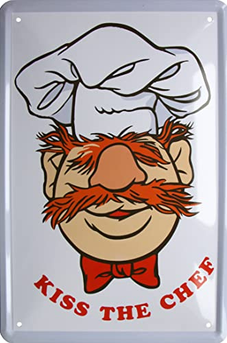 WOGEKA ART Retro Blechschild - Kiss The Chef - Koch - witziger Küchen Spruch als Geschenk-Idee zum Geburtstag Weihnachten zur Dekoration 20x30 cm Vintage-Design aus Metall 617