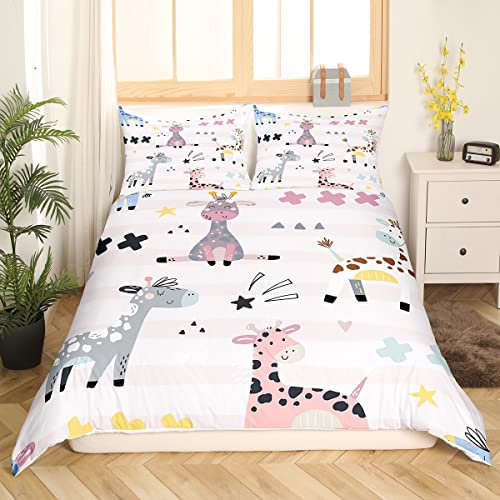Kinder Zoo Tier Bettwäsche 135 x 200 Nette Giraffe Bettbezug Regenbogen Bettbezug für Jungen Mädchen Rosa Streifen Dekor Bettwäsche Set Dreiecke Punkte Sterne Bettwäsche Set mit 1 Kissenbezug