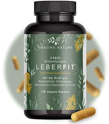 LeberFit Mariendistel Kapseln Hochdosiert 5-Fach Komplex 1 x 120 vegane Kapseln Laborgeprüft aus 80% Silymarin Mariendistel Artischocke Löwenzahn Desmodium und Cholin.