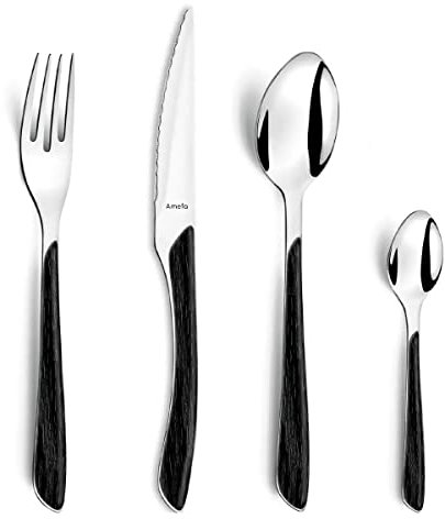 AMEFA ECLAT NATURE Besteck Set 4 Personen (Holzoptik/schwarz) 16-teilig mit feiner Maserung Edelstahl 18/10 rostfrei und hochglanzpoliert spülmaschinenfest Besteckset 4 Personen