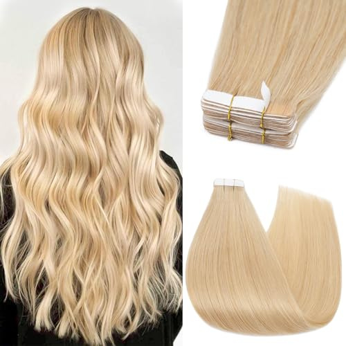 Silk-co Tape Extensions Echthaar 10 Stück 25g, Remy Tape in Extensions Haarverlängerung, Skin Weft Echthaar Haarextensions für dünnes Haar 55cm #24 Blond