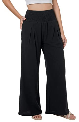 Lofbaz Femme Pantalon Large Été en Coton et Lin Fluide Palazzo Plage Taille Haute Bohème Long Pantalon de Salon avec Poches Noir 2XL
