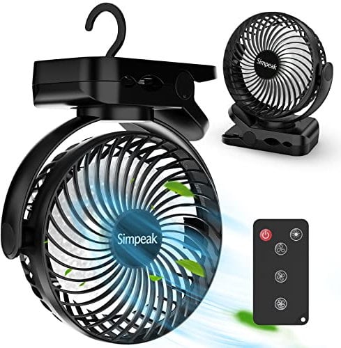 Simpeak 10000mAh Ventilateur USB avec Télécommande Mini Ventilateur Portable de Camping Ventilateur de Table Pince avec 3 Vitesses| 3 Modes de Lumière LED| Rotation à 720°