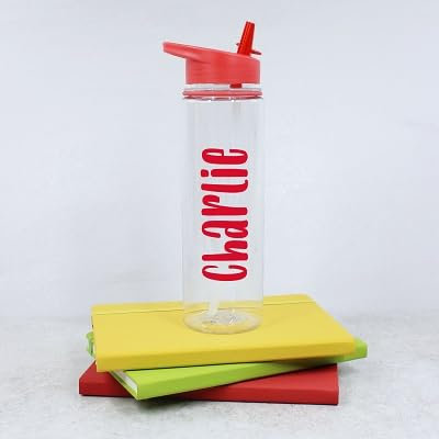 eBuyGB Personalised Water Bottle with Straw & Coloured Lid, Custom Name Drinks Bottle, Back to School, Kids Water Bottle for Nursery, Girls, Boys (Red)