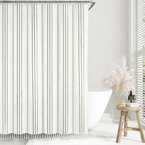Awellife Farmhouse Duschvorhang für Badezimmer, grau, gestreift, weiß, Baumwolle, gestreift, Boho, 198,1 cm