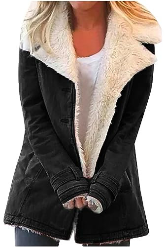 EMATOP Jacke Damen Warm Fleecejacke Lang Elegant Parka Mantel Flauschig Fleece Winterjacke Mode Revers Plüschjacke Baumwolle Einfarbig Wintermantel Herbst Winter Casual Übergangsjacke Outwear