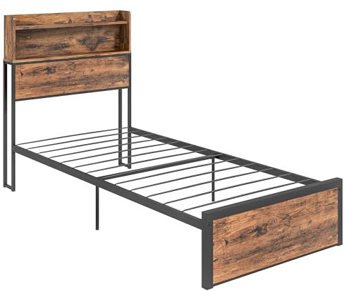 HOMCOM Industrial Single Bed Frame, 3.1FT Steel Bed Base with Storage Headboard, Footboard, Slatted Support and Under Bed Storage, 95 x 207cm, Rustic Brown