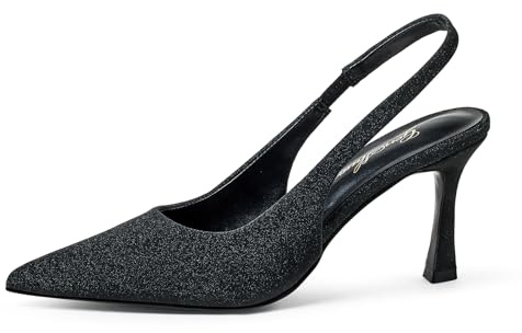 GENSHUO Élégants Escarpins Femme à Talon de 11 cm avec Bride Slingback, Bout Pointu, Talon Kitten Chic et Moderne, Paillettes Noir, 42 EU